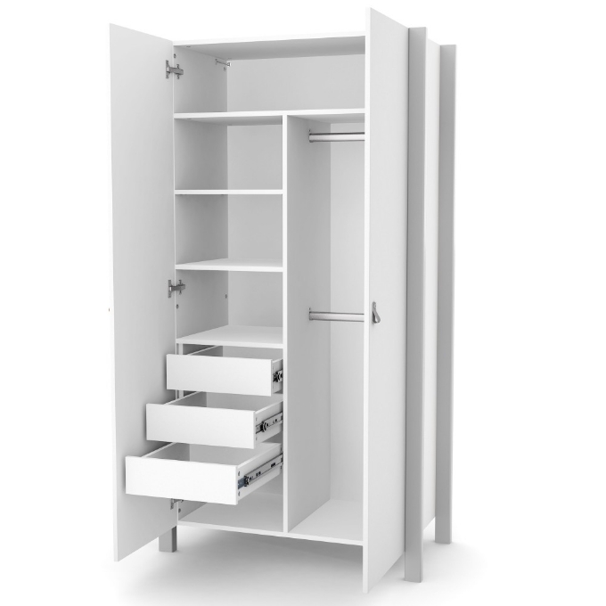 a white closet with open shelves